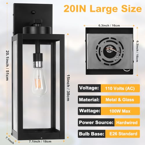 Image of 20 inch Black Dusk to Dawn Outdoor Wall Lantern with Closed Bottom, Coach Light | Large Outdoor Wall Light Fixtures, Waterproof Modern Outside Sconce Lights with Clear Tempered Glass for House, E26, 1-Pack