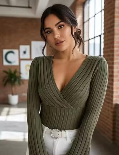 Image of Women Ribbed Knit V-Neck Wrap Top | Long Flare Sleeve Slim Fit Stylish Blouse for Casual