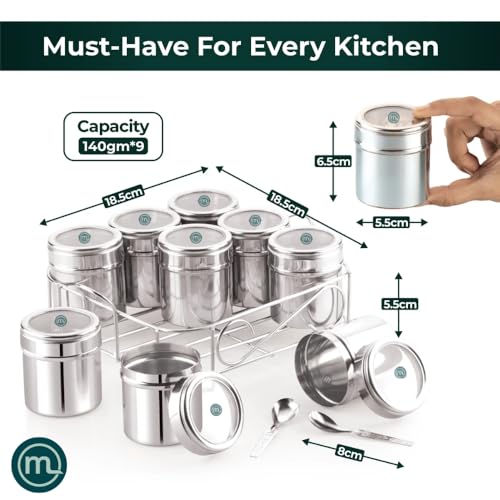 Image of Mishaa Steel Multipurpose Storage Containers - Perfect Organizer for Masala Spices, Herbs, Mouth Freshner, Dry Fruits, 130ml Each Airtight Containers with See-Through Lid (9IN1 SQUARE WIRESTAND)