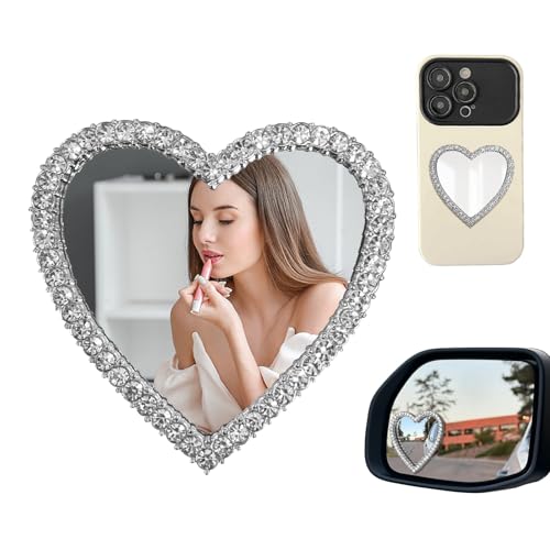 OBHEI Heart Shaped Blind Spot Mirror Heart Car Accessories Back Adhesive Charm Sticker Make up with Zircon for Stickers for Phone case,Compatible with All Mobile Phones (Silver)