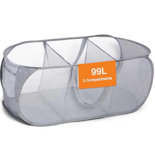 Diggoour Durable Collapsible Laundry Baskets, 3 Compartment Pop Up Laundry Hamper with Handy Pocket, Foldable Clothes Hamper Reinforced Carry Handles for Laundry, Bathroom, Apartment or Travel Grey