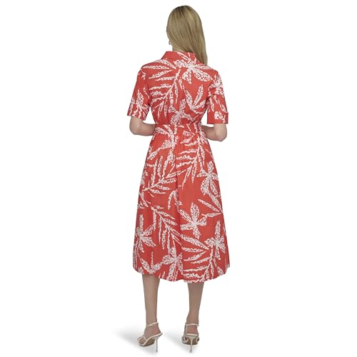 Image of DKNY Women's Short Sleeve Cotton Poplin Collared Midi Shirtdress