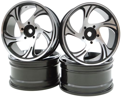 TxxRcss 1/10 RC Drift Tires And Aluminum Wheels Rims Rally Racing Tyres 12mm Hex for 1:10 Scale On Road Touring Street Car Tamiya Traxxas HPI KYOSHO XV02 XV01 TT01 TT02 PTG2 A959 4PCS (Silver & Black)
