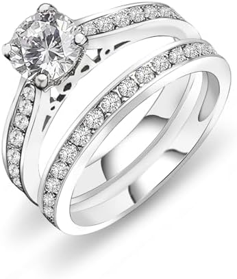 FlameReflection 1 Carat Cubic Zirconia Wedding Engagement Bridal Promise Ring Set for Women with White Gold Plated Size 8