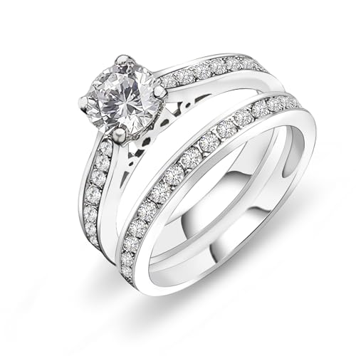 FlameReflection 1 Carat Cubic Zirconia Wedding Engagement Bridal Promise Ring Set for Women with White Gold Plated Size 7