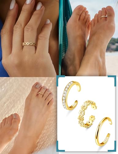 FIASASO 3Pcs Gold Filled Toe Rings for Women Non Tarnish 14K Gold Filled Toe Ring Adjustable Flower Cz Dainty Toe Ring Summer Beach Open Toe Rings Set Toe Jewelry Foot Jewelry3