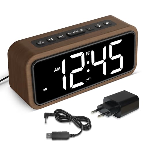 Netzu Réveil Fort pour Dormir Profond, réveil en Bois avec Affichage LED, 12 sonneries d'alarme, 5 Niveaux de luminosité réglables, 5 volumes, DST Manuel,...