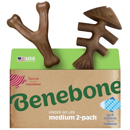 Image of Benebone 2-pack Fishbone /Wishbone Durable Dog Chew Toys, Real Fish, Real Bacon, Made in USA, Medium