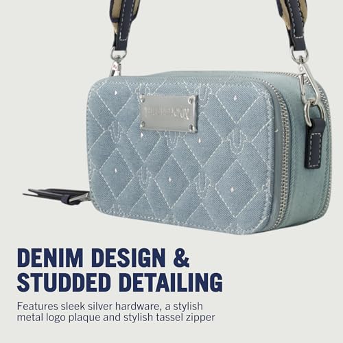 True Religion Women's Crossbody Bag, Mini Adjustable Shoulder Handbag Camera Purse with Studded Design, Denim3