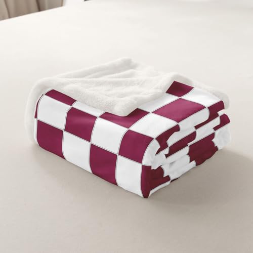 Image of Erosebridal Burgundy Check Plaid Throw Blanket 40 inchX50 inch White Red Checkerboard Fleece Bed Blanket,Checkered Grid Sherpa Blanket for Kids Teen Adults Aesthetic Geometric Fuzzy Blanket