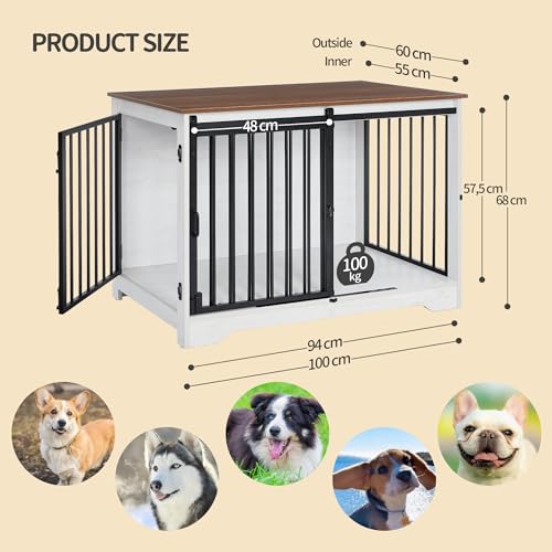 Hzuaneri Hundekäfig Möbel, 100 cm Hundebox, 2 Türen, Weiß Braun