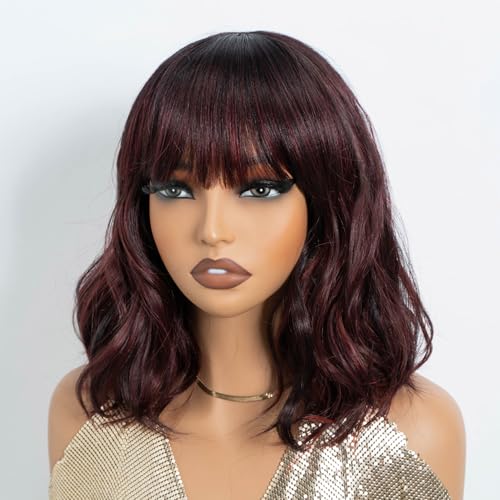 NOBLE Red Wig with Bangs for Women Short Colorful Wavy Bob Wig with...