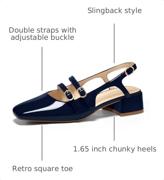 Image of Coutgo Women's Mary Jane Chunky Low Heels Slingback Pumps Closed Square Toe Wedding Dress Shoes