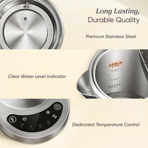 Image of Cosori Stainless Steel Electric Kettle with Temperature Control, 1.7L | No Plastic Contact with Water, 5 Presets, ±5F Temp Control, 60-Min Keep Warm, Dual Lid Opening, Tea, Coffee & Hot Water