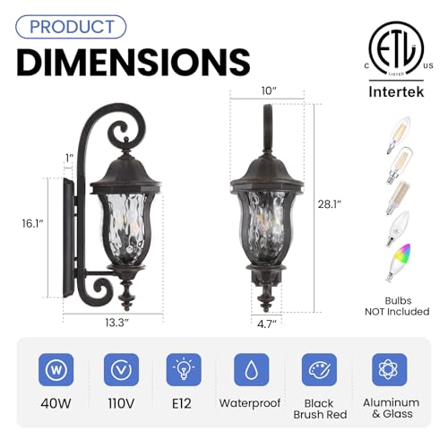 Image of Black Brush Red Exterior Wall Sconces, 28 inch Large Outdoor Wall Light