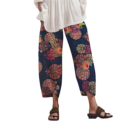 Capri Pants for Women Jeans Capri Pants for Women Casual Cotton Linen Wide Leg Cropped Trousers Summer Print Lounge Palazzo Pant with Pockets Trendy 2024 Pajamas Tall Long Straight Leg Vacation