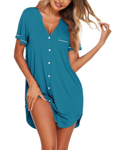 Image of Ekouaer Nightgowns for Women Button Down Night Gowns Short Sleeve Sleep Shirt V Neck Nightshirt Soft Sleepwear Pajams Dress