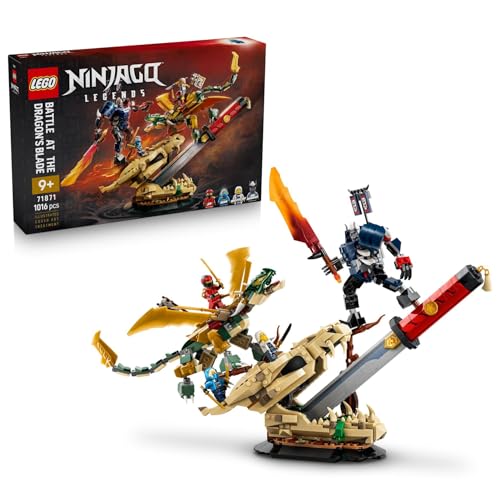 LEGO Ninjago Batalha na espada do dragão – Figuras de dragão e Meca – 4 minifiguras com calhas de brinquedo, decoração de quarto, presente para crianças de 9 anos e fãs 71871