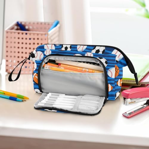 Image of Soccer Balls Blue Pencil Case Pouch Big Capacity Pencil Bag Box Organizer Pen Case with Handle Stationery Organizer for Kids Boys Girls Women College Office