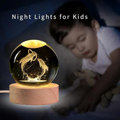 Image of 3D Dolphin Crystal Ball Night Light,Dolphin Figurine Lamp,Decorative Glass Sphere Ball Paperweight Crystal Sea Animal Decorations For Home (Dolphin Love),Led