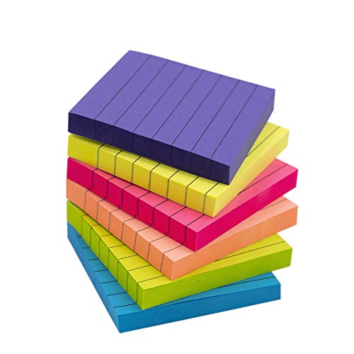Sticky Notes 6 Pads 3 X 3 Inch 100 Sheets/Pad Self-Stick Notes Pads 600 Sheets Total Individual Package (Bright + line)