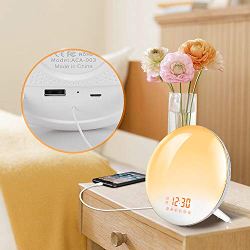 Te-Rich Sunrise Alarm Clock, Wake Up Light with FM Radio/Dual Alarm/7 Nature Sounds & Light Colors/Snooze/20 Brightness, Sleep Aid Lamp Dawn Simulator for Heavy Sleepers/Kids/Teen Girls Boys Bedrooms