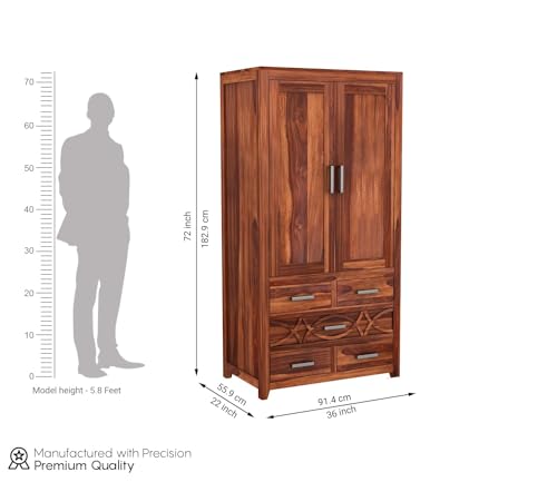 Image of Solid Sheesham Wood 5-Drawer Wardrobe with 4 Shelves & Locker Storage | Almirah for Bedroom - Solid Wood Large Cupboard | Honey Finish