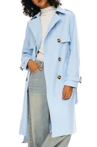 Orolay Womens Long Double Breasted Trench Coat Lapel Jacket with Belt Blue S