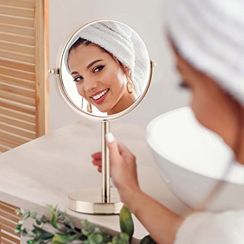 Image of OVENTE 6'' Tabletop Vanity Makeup Mirror, Nickel Brushed MNLT60BR1X7X | Double Sided Round Magnifying Table Mirror with 1X /7X Magnification, 360 Rotation, Perfect for Dresser Bedroom Office Travel