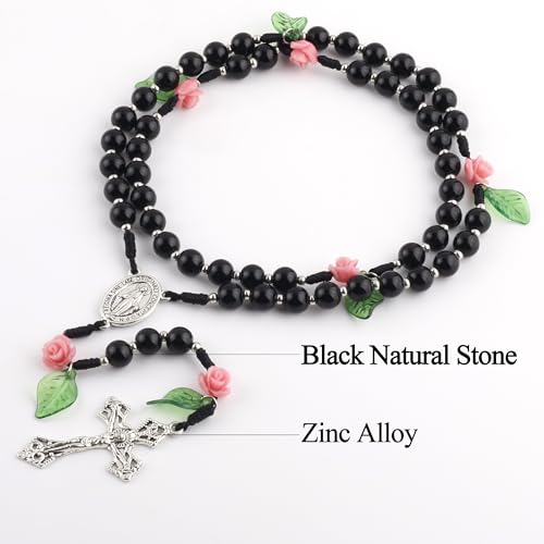 8mm Black Natural Stone Beads Catholic Rosary Necklace and Coral Rose Glory Beads with Flannel Bag for Women3