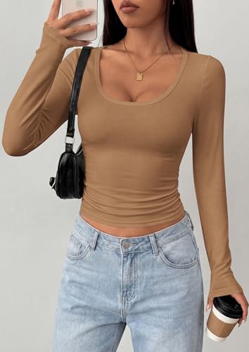 PRETTYGARDEN Womens Long Sleeve Tops 2026 Casual Scoop Neck Basic Tees Slim Fitted Tshirts Layer Knit Fall Outfits (Khaki,Large) — view 6