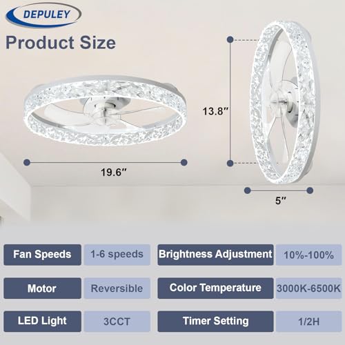 Depuley Ventiladores de techo de 20 pulgadas con luz: Ventilador de techo empotrado LED con control mediante aplicación - Luz regulable para ventilador de dormitorio - Blanco - imagen 2