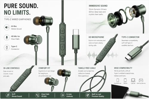 Image of 0ASIS TypeC Wired Earphone with Powerful HD Mic for Clear Sound, Deep Bass Sound, HD Calling, in-Line Volume Control & Noise Cancellation Compatible with only TypeC Jacks in Mobiles- Green