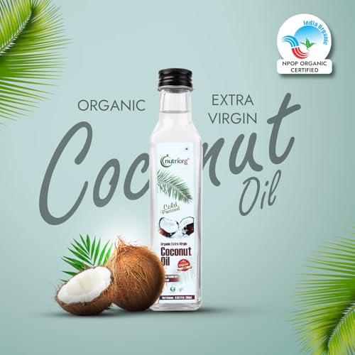 Image of NutriOrg Extra Virgin Coconut Oil 250mL | Cold Pressed, 100% Organic & Pure | Right for Cooking, Massage and oil pulling | Multipurpose use for skin and hair