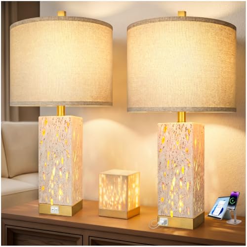 KIVDITZO 24 Translucent Travertine Table Lamps Set of 2 with Night Light
