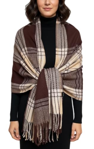 Emma & Giovanni - Echarpe Franges Automne Hiver Carreaux 190cm x 70cm - Femme (Marron)