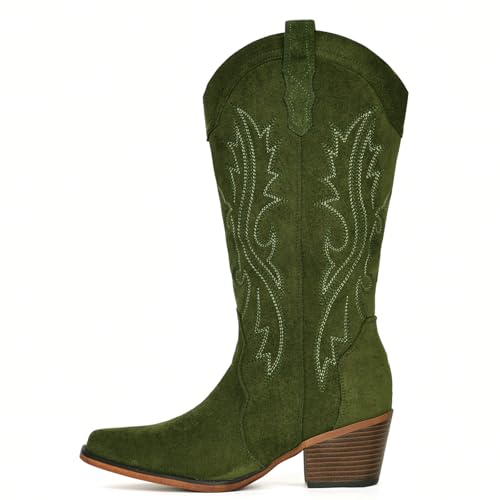 Image of IUV Cowboy Boots For Women Western Cowgirl Boots Mid Calf Snip Toe | Chunky Heel Ideal for low insteps
