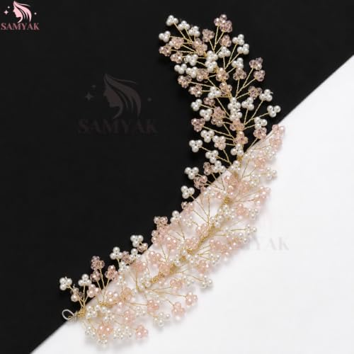 Image of Samyak Crystal Pearl Hair Tiara Vine Hair Headband Headdress Hair Jewellery For Women | Hair Pin | Bun | Hair Accessory For Bridal Wedding Bridesmaid, Pink, Pack of 1