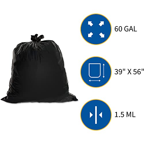 Genuine Joe Gjo01535 Heavy Duty Low-Density Puncture Resistant Can Liner, 60 Gallon Capacity, 56" Length X 39" Width X 1.50 Mil Thickness, Black (Box Of 50) #TOP5