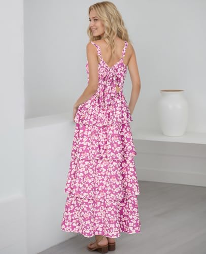 Image of Tiered Ruffle Dress Women Casual Summer Spaghetti Strap Sleeveless Floral Layered Maxi Dress for Women Beach Sundress