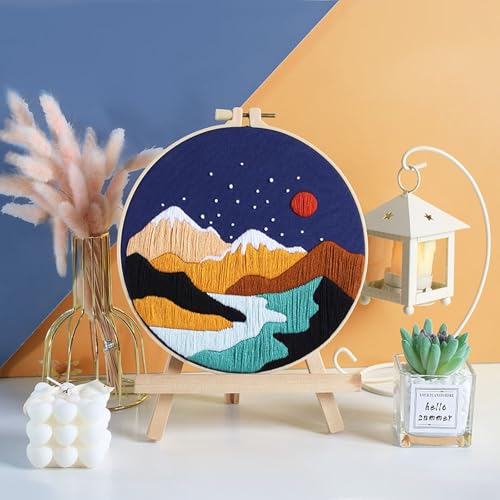 Image of GLTAYLMY 3 Set Landscape Embroidery Kits for Beginners with Mountain Sun Moon Pattern,Adults Starter Cross Stitch Kit DIY Needlepoint Kits