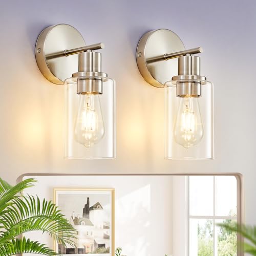 Image of DLLT Wall Sconces Set of Two: Modern Bathroom Vanity Light Fixtures - Nickel Vanity Lights with Clear Glass Shade - Farmhouse Wall Lamp for Bedroom Living Room Mirror Hallway Kitchen