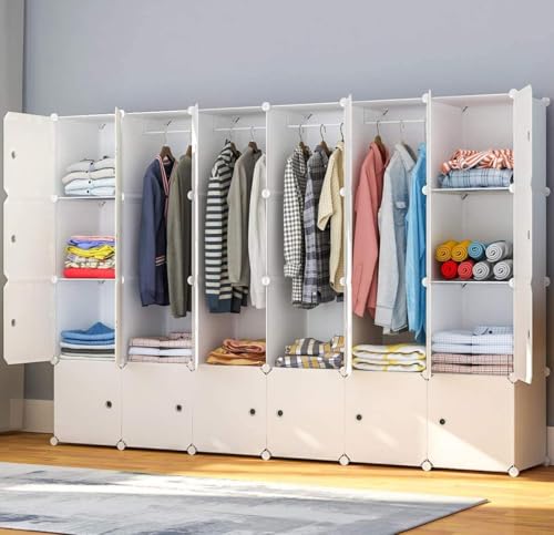 HOMIDEC Armario Modular, Guardarropa portátil de 24 Compartimentos para Dormitorio, Armario con Barra para Colgar Ropa, Compartimentos más Profundos Aptos para Perchas