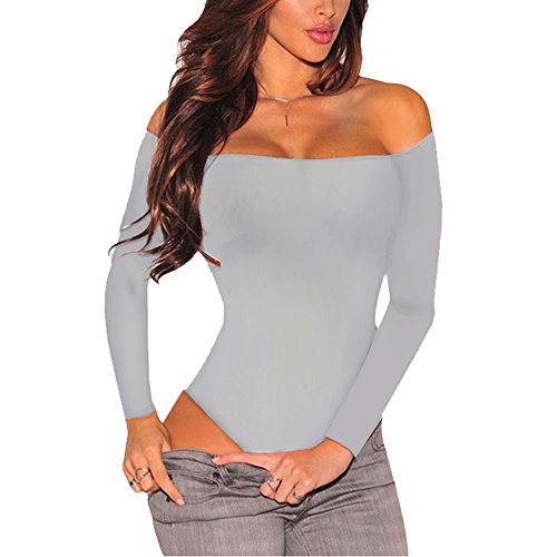 Eiffel Women's Long Sleeves Bodysuit Off Shoulder Stretchy Jumpsuits Rompers Tops Grey