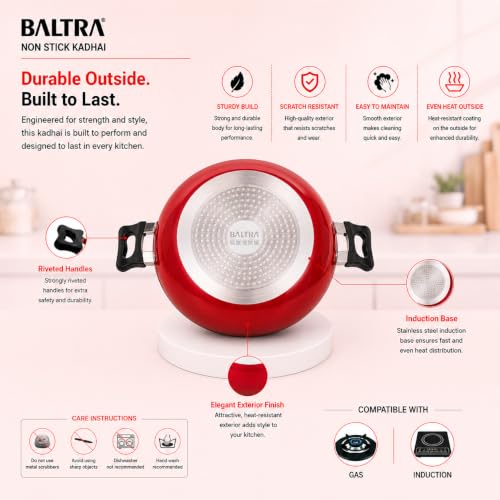 Image of BALTRA 4.5L Nonstick Kadhai with Glass Lid | Induction Bottom, Marble Finish, Durable & Even Heating Cookware for Healthy Cooking Kadai 3mm Thick (28cm, Red)
