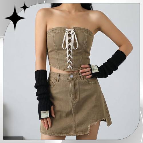Jspupifip Arm Warmers Y2K, 4 Pairs Cute Lolita Long Fingerless Gloves with Thumb Hole Knit Mitten Gloves Arm Sleeves for Girls