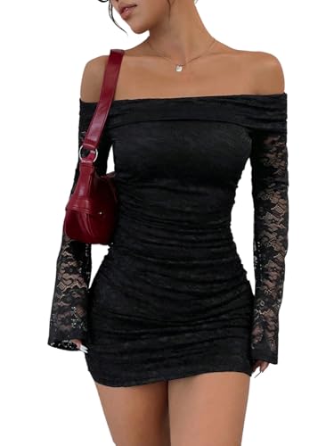 SweatyRocks Spitzenkleid Damen Langarm Gothic Kleid Off Shoulder Minikleid Sexy Partykleid Mit Spitze Cocktailkleid Schulterfreies Kleid Festival...
