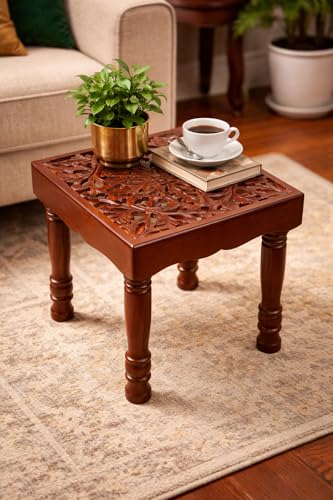 Image of Device Bas with BROWN ART SHOPPEE Wood Center Small Carved Coffee Table Fold-Able Square Shaped Side Table For Tea Coffee Breakfast (Brown)