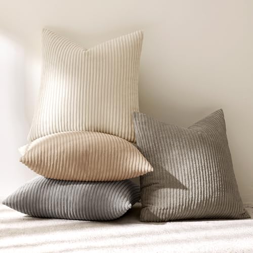 Image of MIULEE Boho Farmhouse Neutral Cream Throw Pillow Covers 20x20 Inch Set of 4 Mordern Nordic Cushion Covers Soft Corduroy Spring Home Decor for Couch Bed Sofa Living Room