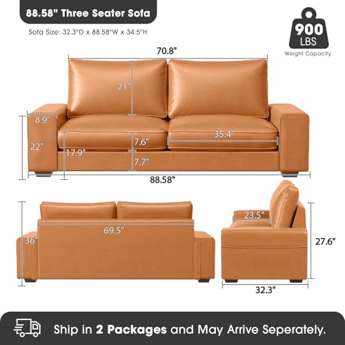 Image of Valthie Faux Leather Couch, Mid Century Modern Comfy Loveseat Sofa with Wide Arm, Side Pockets, Solid Wooden Frame for Office, Living Room and Bedroom, 3 Seater (Brown, 88.58 inches)